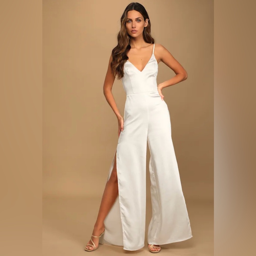 NWT Lulus You're My Favorite Champagne Satin Slit Leg Jumpsuit size M